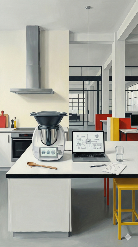 Fotorealistisches Gemälde einer weißen Kücheninsel, die als hybrider Arbeitsplatz dient. Ein Thermomix und ein Laptop, der ein AI-Diagramm anzeigt, stehen nebeneinander. Im Hintergrund geht eine moderne Küchenzeile nahtlos in ein helles Großraumbüro mit industrieller Architektur über.