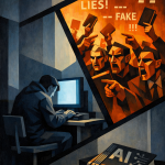 Eine kritische Illustration zum Thema KI-Literatur: Eine Person sitzt vor einem Computer, während eine wütende Menge auf dem Bildschirm mit Büchern in den Händen „LIES! – FAKE!!!“ ruft. Im Vordergrund liegt ein Buch mit dem Aufdruck „AI“, das die Debatte um KI-generierte Texte symbolisiert.
