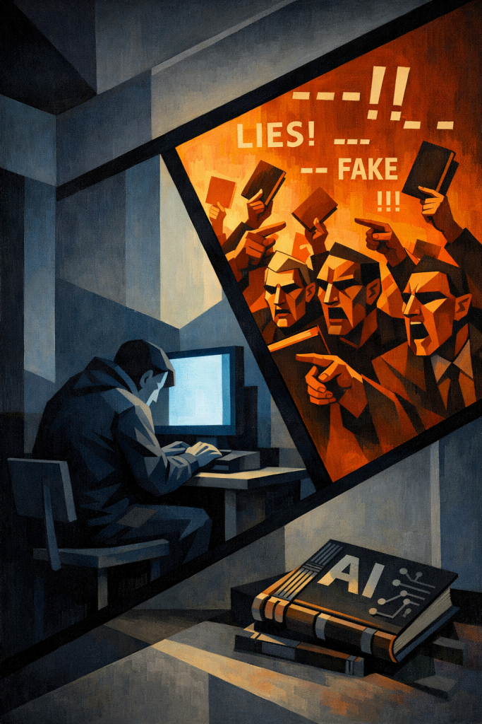 Eine kritische Illustration zum Thema KI-Literatur: Eine Person sitzt vor einem Computer, während eine wütende Menge auf dem Bildschirm mit Büchern in den Händen „LIES! – FAKE!!!“ ruft. Im Vordergrund liegt ein Buch mit dem Aufdruck „AI“, das die Debatte um KI-generierte Texte symbolisiert.