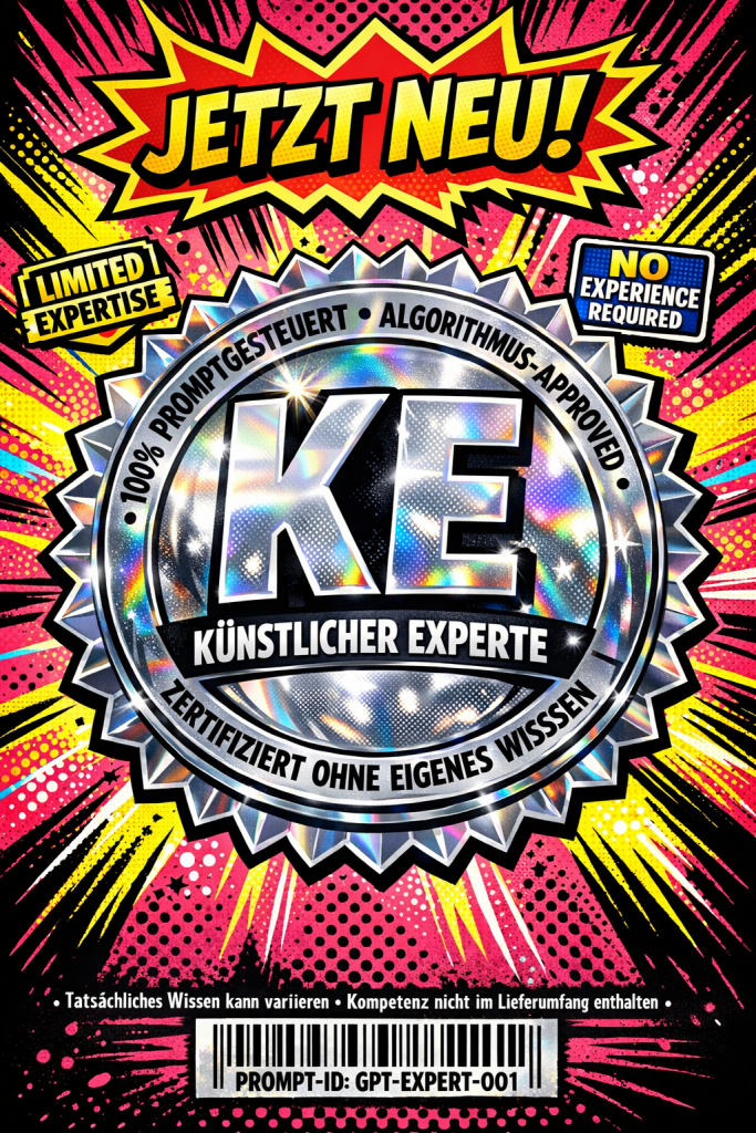 Comichaftes Qualitätssiegel im Pop-Art-Stil. Glänzendes silbernes Siegel mit gezacktem Rand, Aufschrift "KE - Künstlicher Experte". Reißerischer Hintergrund mit Neon-Gelb und Electric-Pink Starburst-Effekt. Satirische Zertifizierung "100% promptgesteuert".