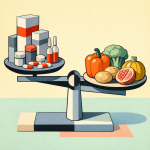 Illustration einer Waage im Gleichgewicht: Auf der linken Seite liegen Medikamente und Pillenverpackungen, auf der rechten Seite frisches Gemüse und Obst wie Paprika, Brokkoli, Kartoffeln und Kürbis – als visuelle Metapher für bewusste Ernährung, natürliche Balance und Basenfasten.