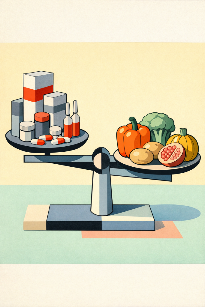 Illustration einer Waage im Gleichgewicht: Auf der linken Seite liegen Medikamente und Pillenverpackungen, auf der rechten Seite frisches Gemüse und Obst wie Paprika, Brokkoli, Kartoffeln und Kürbis – als visuelle Metapher für bewusste Ernährung, natürliche Balance und Basenfasten.