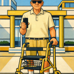 **Alt-Text:** Illustration im Bauhaus-Comicstil: Ein älterer Mann steht frontal und symmetrisch vor einem modernen, geometrischen Gebäude mit Säulen. Er trägt helle Sommerkleidung, Kappe und Sonnenbrille, hält ein Smartphone in der linken Hand und stützt sich mit der rechten auf einen goldfarbenen Rollator. Klare Konturen, flächige Formen und helle Blau- und Goldtöne prägen die sachliche, stilisierte Szene.