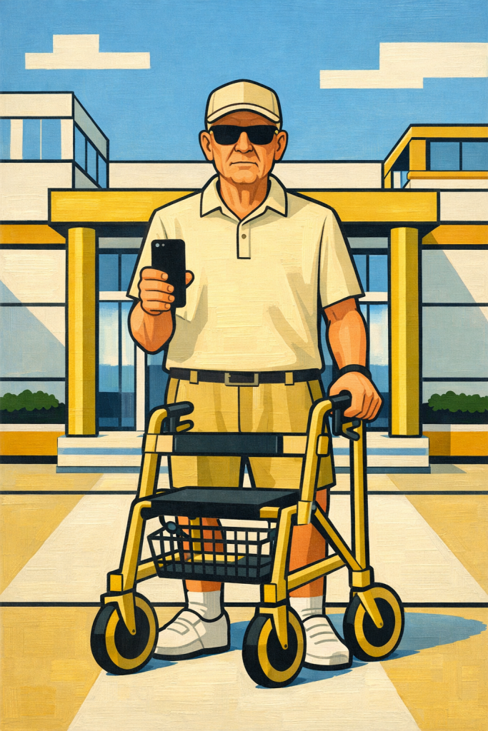 **Alt-Text:** Illustration im Bauhaus-Comicstil: Ein älterer Mann steht frontal und symmetrisch vor einem modernen, geometrischen Gebäude mit Säulen. Er trägt helle Sommerkleidung, Kappe und Sonnenbrille, hält ein Smartphone in der linken Hand und stützt sich mit der rechten auf einen goldfarbenen Rollator. Klare Konturen, flächige Formen und helle Blau- und Goldtöne prägen die sachliche, stilisierte Szene.