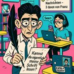 Mann mit Feder hält Schriftstück, frustriert über ungelesene Slack-Nachrichten, Frau arbeitet am Laptop im Büro, Kafka-Ans…