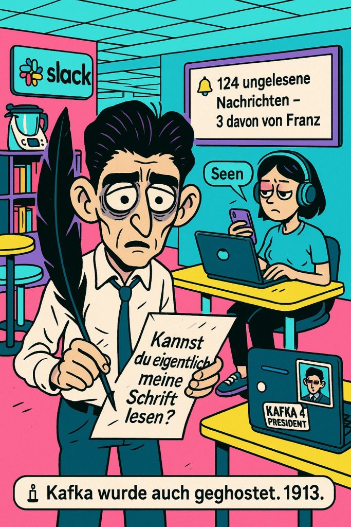Mann mit Feder hält Schriftstück, frustriert über ungelesene Slack-Nachrichten, Frau arbeitet am Laptop im Büro, Kafka-Ans…