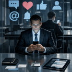 Ein Mann in Business-Kleidung sitzt konzentriert an einem Schreibtisch in einem modernen Büro und starrt auf sein Smartphone. Im Hintergrund sind Social-Media-Symbole wie ein Like-Button, ein Herz, ein Kommentarfeld und ein Benutzerprofil an die Glaswand projiziert. Ein zweiter Mann im Anzug nutzt ebenfalls sein Handy. Auf dem Tisch liegen Visitenkarten, ein Notizbuch und ein Tablet mit geöffneten Social-Media-Apps. Die Szene symbolisiert die Abhängigkeit von Social Media im beruflichen Kontext und die Illusion von Produktivität.