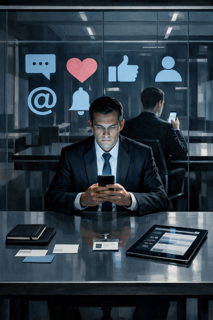 Ein Mann in Business-Kleidung sitzt konzentriert an einem Schreibtisch in einem modernen Büro und starrt auf sein Smartphone. Im Hintergrund sind Social-Media-Symbole wie ein Like-Button, ein Herz, ein Kommentarfeld und ein Benutzerprofil an die Glaswand projiziert. Ein zweiter Mann im Anzug nutzt ebenfalls sein Handy. Auf dem Tisch liegen Visitenkarten, ein Notizbuch und ein Tablet mit geöffneten Social-Media-Apps. Die Szene symbolisiert die Abhängigkeit von Social Media im beruflichen Kontext und die Illusion von Produktivität.
