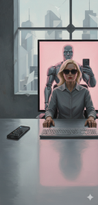 Alt-Text: Eine Frau mit blondem Haar und schwarzer Sonnenbrille sitzt frontal an einem Schreibtisch vor Tastatur und Monitor. Hinter ihr zeigt der Bildschirm vor rosafarbenem Hintergrund eine graue Roboterfigur, die mit einem Smartphone ein Selfie von ihr macht. Auf dem Tisch liegt links ein Smartphone mit geöffnetem Social-Media-Feed. Durch ein großes Fenster im Hintergrund sind abstrahierte Hochhäuser in kühlen Grautönen zu sehen.