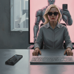 Alt-Text: Eine Frau mit blondem Haar und schwarzer Sonnenbrille sitzt frontal an einem Schreibtisch vor Tastatur und Monitor. Hinter ihr zeigt der Bildschirm vor rosafarbenem Hintergrund eine graue Roboterfigur, die mit einem Smartphone ein Selfie von ihr macht. Auf dem Tisch liegt links ein Smartphone mit geöffnetem Social-Media-Feed. Durch ein großes Fenster im Hintergrund sind abstrahierte Hochhäuser in kühlen Grautönen zu sehen.
