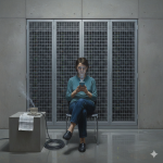 Person sitzt mit Smartphone vor Serverracks in moderner Rechenzentrum-Umgebung, symbolisiert digitale Technologie und Ener…