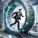Ein Mann in Business-Kleidung läuft in einem futuristischen, ringförmigen Serverraum – ein Symbol für die Selbstausbeutung im digitalen Zeitalter, wo Technologie nicht nur Effizienz verspricht, sondern oft mehr Druck und Arbeitsbelastung schafft.