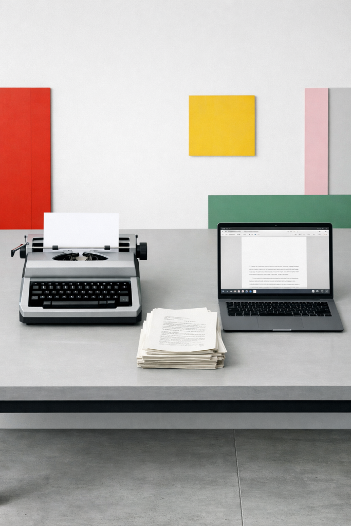 Ein minimalistischer Schreibtisch mit einer klassischen mechanischen Schreibmaschine (links) und einem modernen Laptop (rechts), dazwischen ein Stapel bedruckter Manuskriptseiten. Im Hintergrund eine weiße Wand mit farbigen geometrischen Flächen in Rot, Gelb, Grün und Rosa. Das Bild symbolisiert den Übergang von traditionellem zu digitalem Schreiben