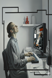 Eine surrealistische Malerei im Stil der Neuen Sachlichkeit. Eine Frau sitzt in einem kargen, grau-weißen Büro an einem Schreibtisch und blickt mit geschlossenen Augen und leicht erhobenem Kinn erschöpft oder meditativ nach oben. Auf ihrem Computermonitor ist das Bild eines Mannes in fast identischer Pose zu sehen, der ebenfalls mit zurückgelehntem Kopf vor seinem Computer sitzt, was eine endlose visuelle Schleife (Droste-Effekt) suggeriert. Das gesamte Bild ist von einem markanten, schwarzen, eckigen Rahmen aus Linien eingefasst, die an Schaltkreise oder abstrakte Begrenzungen erinnern. Die Farbpalette ist gedämpft und kühl, dominiert von Grau- und Blautönen mit kleinen roten Akzenten im Hintergrund.