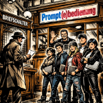 Comicartige Szene in einer historischen Postfiliale: Links steht ein Mann im Trenchcoat am „Briefschalter“ und liest einen Brief, rechts begrüßt ein gut gelaunter Postbeamter mit Drei-Tage-Bart am Schalter „Prompt(e)bedienung“ sechs Jugendliche mit Laptops unter dem Arm; die Szene wirkt wie ein modernes vhs-Kursmotiv im Stil eines Marvel-Comics mit starken Kontrasten und klaren Linien.