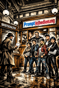Comicartige Szene in einer historischen Postfiliale: Links steht ein Mann im Trenchcoat am „Briefschalter“ und liest einen Brief, rechts begrüßt ein gut gelaunter Postbeamter mit Drei-Tage-Bart am Schalter „Prompt(e)bedienung“ sechs Jugendliche mit Laptops unter dem Arm; die Szene wirkt wie ein modernes vhs-Kursmotiv im Stil eines Marvel-Comics mit starken Kontrasten und klaren Linien.