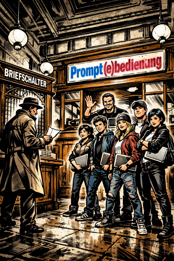 Comicartige Szene in einer historischen Postfiliale: Links steht ein Mann im Trenchcoat am „Briefschalter“ und liest einen Brief, rechts begrüßt ein gut gelaunter Postbeamter mit Drei-Tage-Bart am Schalter „Prompt(e)bedienung“ sechs Jugendliche mit Laptops unter dem Arm; die Szene wirkt wie ein modernes vhs-Kursmotiv im Stil eines Marvel-Comics mit starken Kontrasten und klaren Linien.