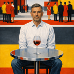 Ein Mann in weißem Hemd sitzt allein an einem runden Tisch mit einem Glas Rotwein, während im Hintergrund eine Gruppe farbenfroh gekleideter Menschen in einer geometrisch abstrakten, urbanen Umgebung steht. Das Gemälde symbolisiert Einsamkeit und gesellschaftliche Distanz trotz scheinbarer Nähe – eine visuelle Metapher für den Wandel von traditioneller Geselligkeit zu moderner Isolation.