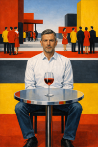 Ein Mann in weißem Hemd sitzt allein an einem runden Tisch mit einem Glas Rotwein, während im Hintergrund eine Gruppe farbenfroh gekleideter Menschen in einer geometrisch abstrakten, urbanen Umgebung steht. Das Gemälde symbolisiert Einsamkeit und gesellschaftliche Distanz trotz scheinbarer Nähe – eine visuelle Metapher für den Wandel von traditioneller Geselligkeit zu moderner Isolation.