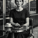 Schwarz-Weiß-Porträt einer selbstbewussten Frau in elegantem, schlichtem Kleid, die an einem runden Café-Tisch sitzt. Vor ihr stehen eine Tasse Kaffee und ein Notizbuch mit Stift. Im Hintergrund ist ein Hotel zu erkennen, was eine urbane, nachdenkliche Atmosphäre schafft.