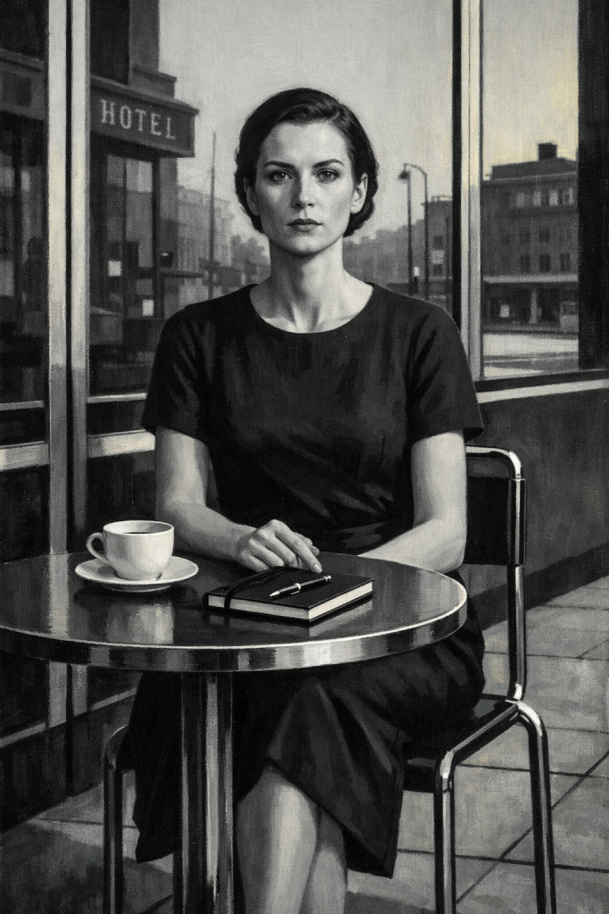 Schwarz-Weiß-Porträt einer selbstbewussten Frau in elegantem, schlichtem Kleid, die an einem runden Café-Tisch sitzt. Vor ihr stehen eine Tasse Kaffee und ein Notizbuch mit Stift. Im Hintergrund ist ein Hotel zu erkennen, was eine urbane, nachdenkliche Atmosphäre schafft.