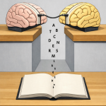 **Alt-Text für das Bild:** „Zwei Gehirne – zwei literarische Universen – sind durch ein Kabel verbunden und speisen gemeinsam Buchstaben in ein offenes, leeres Buch ein. Symbolisch für die Entstehung des *letzten Romans*: eine hybride, synthetische Autorenschaft, die aus der Verschmelzung zweier Köpfe etwas völlig Neues schafft – endlich, einzigartig und mit eingebautem Ablaufdatum.“