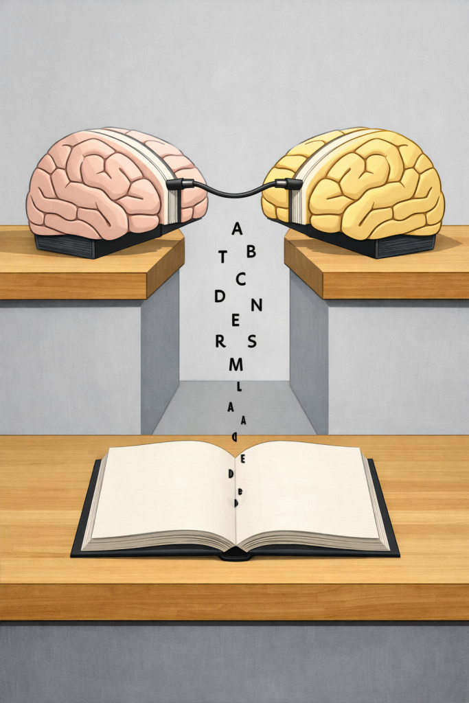 **Alt-Text für das Bild:** „Zwei Gehirne – zwei literarische Universen – sind durch ein Kabel verbunden und speisen gemeinsam Buchstaben in ein offenes, leeres Buch ein. Symbolisch für die Entstehung des *letzten Romans*: eine hybride, synthetische Autorenschaft, die aus der Verschmelzung zweier Köpfe etwas völlig Neues schafft – endlich, einzigartig und mit eingebautem Ablaufdatum.“