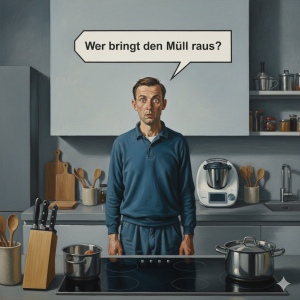 Ein Mann steht allein in einer aufgeräumten Küche vor dem Herd und blickt überrascht in die Kamera, über seinem Kopf eine Sprechblase mit der Frage „Wer bringt den Müll raus?“ – ein typischer küchenzuruf, der den stillen Alltagskonflikt humorvoll auf den Punkt bringt.