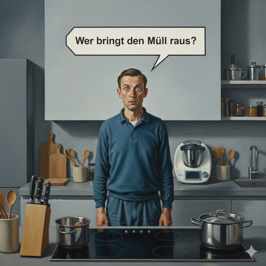 Ein Mann steht allein in einer aufgeräumten Küche vor dem Herd und blickt überrascht in die Kamera, über seinem Kopf eine Sprechblase mit der Frage „Wer bringt den Müll raus?“ – ein typischer küchenzuruf, der den stillen Alltagskonflikt humorvoll auf den Punkt bringt.