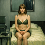 **Alt-Text für das Bild:** „Eine junge Frau mit kurzem Haar und nachdenklichem Blick sitzt auf einem Bett in einem schlichten Zimmer. Sie trägt grünen Unterwäschesatz und hat die Hände im Schoß gefaltet. Im Hintergrund hängt ein Spiegel, der einen im Anzug gekleideten Mann reflektiert. Auf dem Nachttisch stehen ein Glas Wasser und ein Buch. Die Atmosphäre wirkt still und nachdenklich, fast wie eine Szene aus einem Film oder einer literarischen Erzählung.“