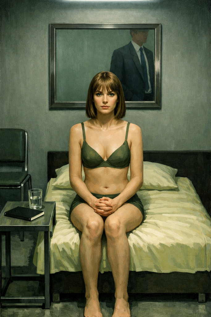 **Alt-Text für das Bild:** „Eine junge Frau mit kurzem Haar und nachdenklichem Blick sitzt auf einem Bett in einem schlichten Zimmer. Sie trägt grünen Unterwäschesatz und hat die Hände im Schoß gefaltet. Im Hintergrund hängt ein Spiegel, der einen im Anzug gekleideten Mann reflektiert. Auf dem Nachttisch stehen ein Glas Wasser und ein Buch. Die Atmosphäre wirkt still und nachdenklich, fast wie eine Szene aus einem Film oder einer literarischen Erzählung.“