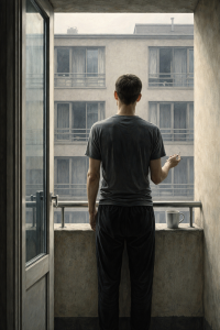 ein mann steht auf einem balkon und raucht