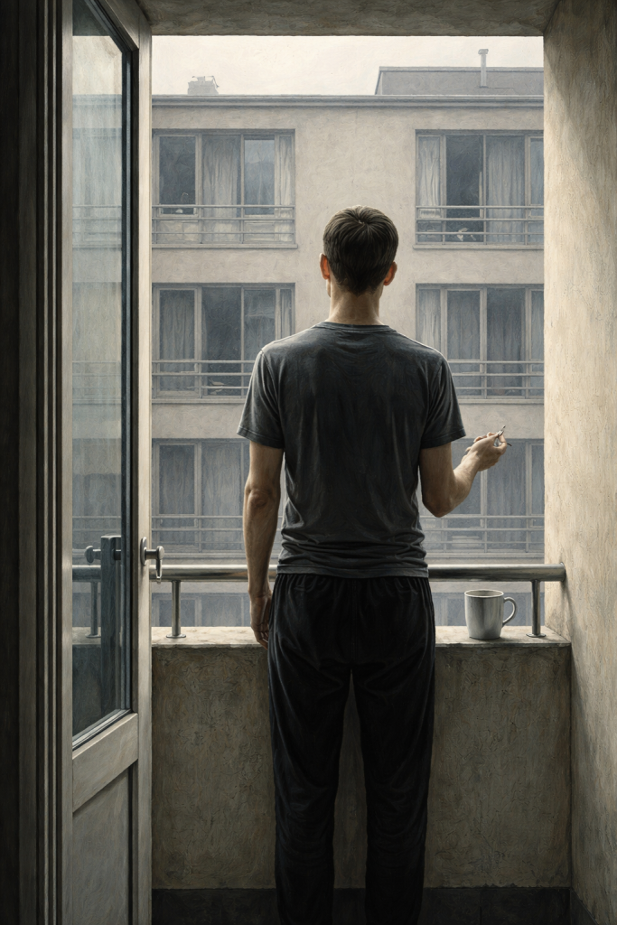 ein mann steht auf einem balkon und raucht