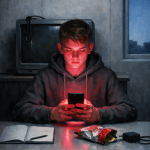 Ein Jugendlicher sitzt nachts konzentriert über seinem Smartphone, während ein offenes Schulbuch und eine leere Chipstüte auf dem Tisch liegen – ein Symbol für die Debatte um Social-Media-Verbot und Medienkompetenz in der digitalen Welt