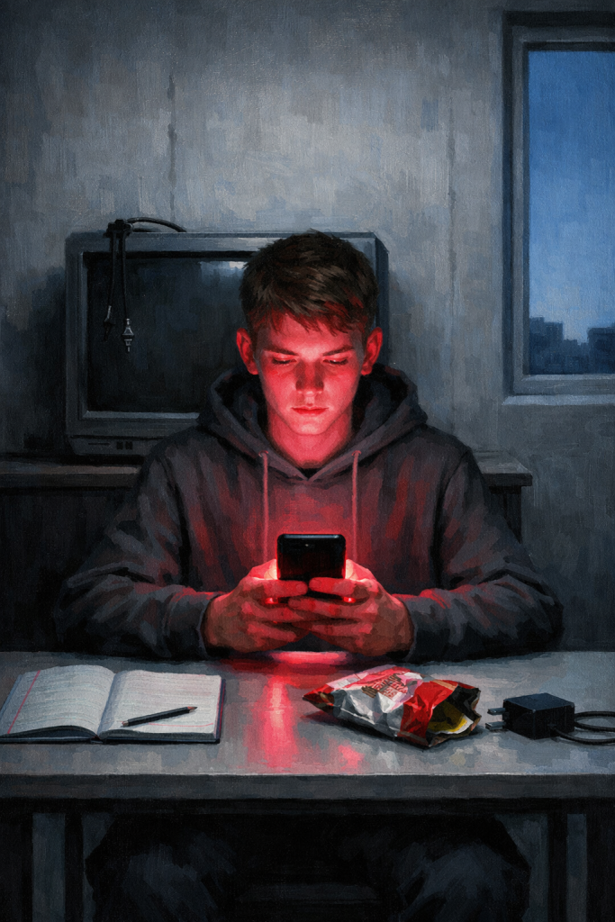 Ein Jugendlicher sitzt nachts konzentriert über seinem Smartphone, während ein offenes Schulbuch und eine leere Chipstüte auf dem Tisch liegen – ein Symbol für die Debatte um Social-Media-Verbot und Medienkompetenz in der digitalen Welt