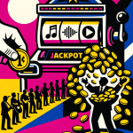 Eine illustrierte Kritik am Streaming-System: Während Musiker und Künstler (im Hintergrund) kaum Einnahmen erhalten, fließen die Münzen aus einem Jackpot-Spielautomaten mit Musiksymbolen in die Hände einer einzelnen Person – symbolisch für die ungleiche Verteilung der Streaming-Erlöse.