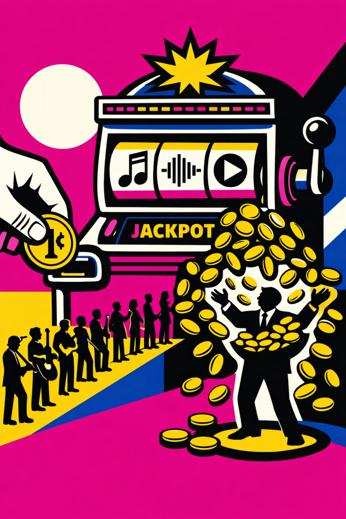 Eine illustrierte Kritik am Streaming-System: Während Musiker und Künstler (im Hintergrund) kaum Einnahmen erhalten, fließen die Münzen aus einem Jackpot-Spielautomaten mit Musiksymbolen in die Hände einer einzelnen Person – symbolisch für die ungleiche Verteilung der Streaming-Erlöse.