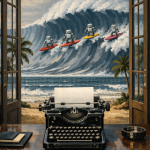 Eine Schreibmaschine steht auf einem Holztisch vor einem offenen Fenster mit Blick auf eine riesige Welle. Auf der Welle surfen vier Roboter auf bunten Surfbrettern. Im Hintergrund sieht man Palmen, Strand und das offene Meer – eine surrealistische Darstellung von Technologie und Natur.