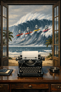 Eine Schreibmaschine steht auf einem Holztisch vor einem offenen Fenster mit Blick auf eine riesige Welle. Auf der Welle surfen vier Roboter auf bunten Surfbrettern. Im Hintergrund sieht man Palmen, Strand und das offene Meer – eine surrealistische Darstellung von Technologie und Natur.