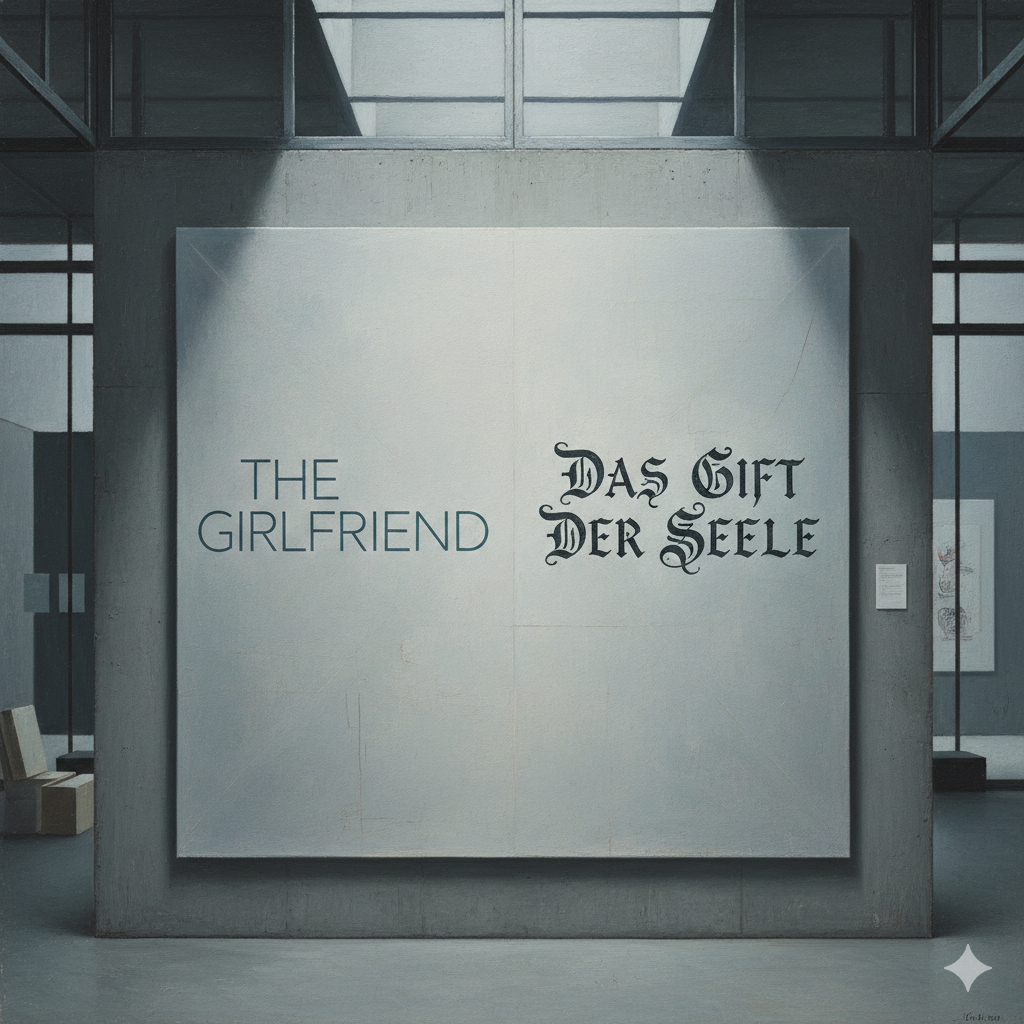 „Kontrast zwischen dem Originaltitel ‚The Girlfriend‘ und dem deutschen Titel ‚Das Gift der Seele‘ auf einer Ausstellungstafel in einer Galerie – eine visuelle Kritik an der Titelwahl.“
