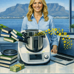 Eine lächelnde Frau in blauer Bluse steht vor einem Thermomix, aus dem Bücher wie am Fließband kommen. Um sie herum fliegen bunte Buchstaben und Symbole, auf dem Tisch liegen Stapel Bücher, ein Geldbündel und ein offener Laptop. Im Hintergrund ist der Tafelberg in Kapstadt zu sehen – eine Metapher für die industrielle Produktion von KI-generierten Büchern und die Frage nach Kreativität vs. Masse.