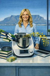 Eine lächelnde Frau in blauer Bluse steht vor einem Thermomix, aus dem Bücher wie am Fließband kommen. Um sie herum fliegen bunte Buchstaben und Symbole, auf dem Tisch liegen Stapel Bücher, ein Geldbündel und ein offener Laptop. Im Hintergrund ist der Tafelberg in Kapstadt zu sehen – eine Metapher für die industrielle Produktion von KI-generierten Büchern und die Frage nach Kreativität vs. Masse.