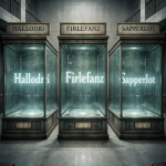 Drei leere, beleuchtete Glasvitrinen in einem musealen Raum, beschriftet mit den fast vergessenen deutschen Wörtern Hallodri, Firlefanz und Sapperlot – eine symbolische Darstellung des Wörterzoos, der seltene und aussterbende Begriffe bewahren soll.