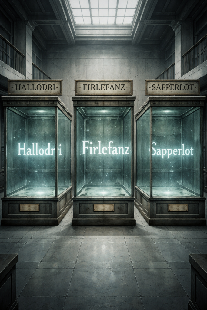 Drei leere, beleuchtete Glasvitrinen in einem musealen Raum, beschriftet mit den fast vergessenen deutschen Wörtern Hallodri, Firlefanz und Sapperlot – eine symbolische Darstellung des Wörterzoos, der seltene und aussterbende Begriffe bewahren soll.