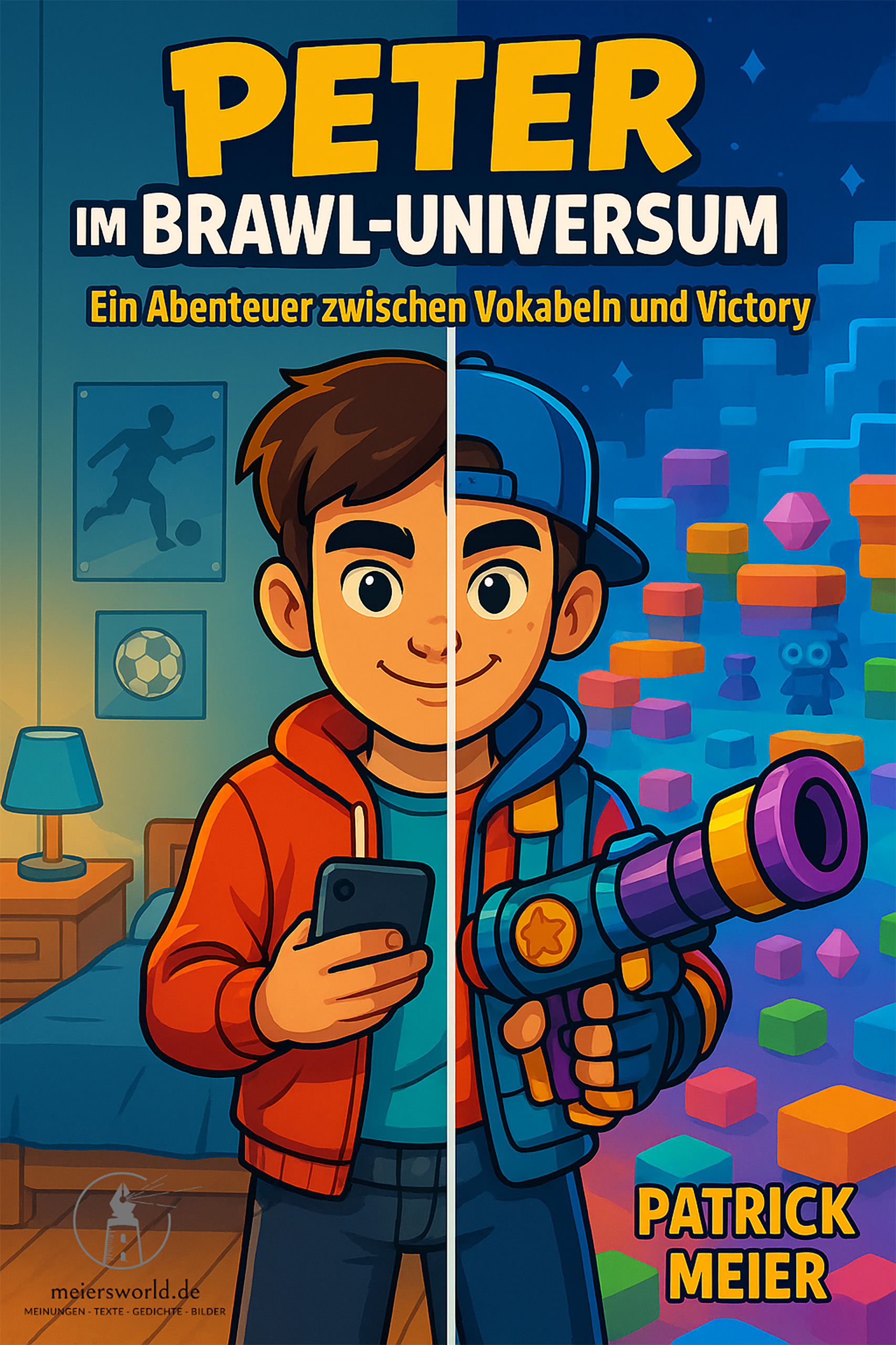 Peter im Brawl-Universum: Cartoon-Junge mit Smartphone und Waffe vor Spielwelt mit bunten Blöcken, Lernbuch-Cover von Patr…