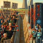 Protestierende mit Bannern "Ki tötet Ideen" vor Atomkraftwerk, Arbeiter werfen rote Äpfel, Roboter mit AI-Symbol auf recht…