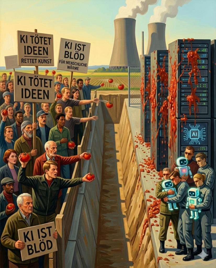 Protestierende mit Bannern "Ki tötet Ideen" vor Atomkraftwerk, Arbeiter werfen rote Äpfel, Roboter mit AI-Symbol auf recht…