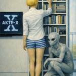 Frau mit gelbem Bob und Shorts blickt in Bücherregal, grauer Alien sitzt daneben, Akte-X Logo an Wand