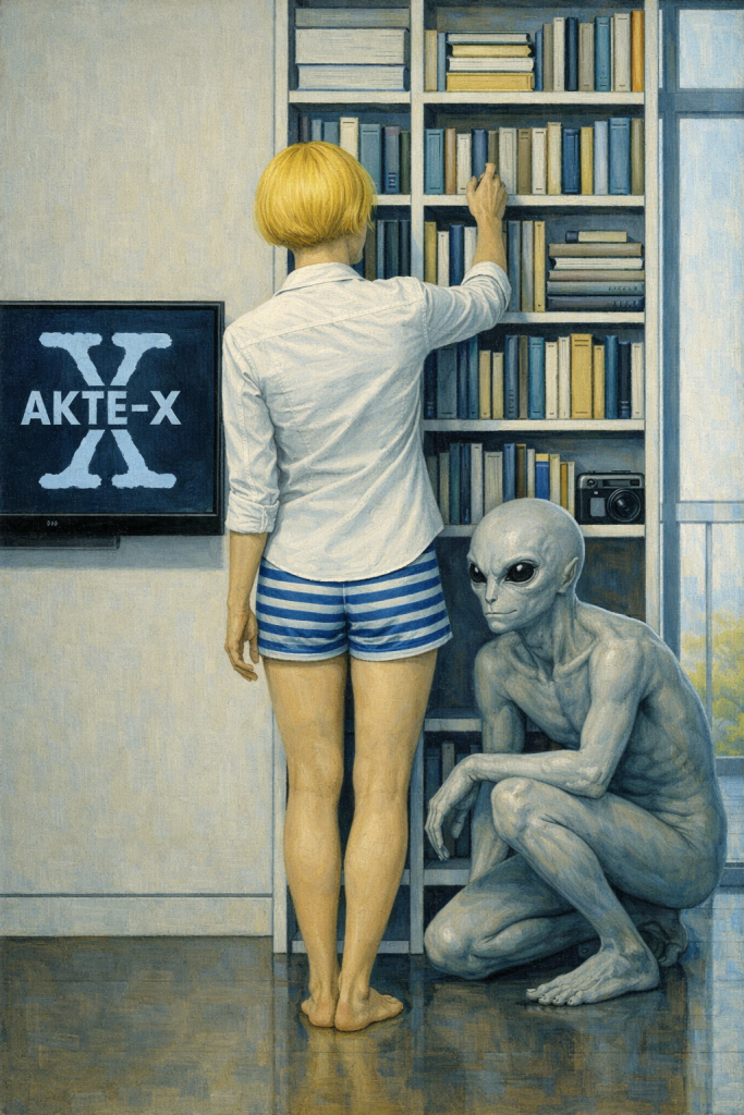 Frau mit gelbem Bob und Shorts blickt in Bücherregal, grauer Alien sitzt daneben, Akte-X Logo an Wand