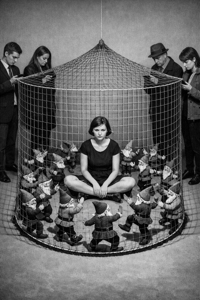 Frau sitzt in Käfig umgeben von Puppen, fünf Personen halten Netz, Schwarz-Weiß-Fotografie, surreale Künstlerische Darstel…